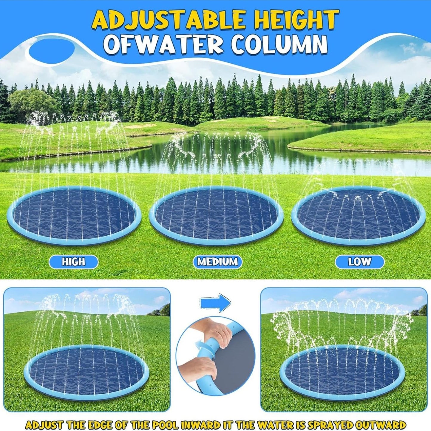 Extra Large Splash Proof Play Mat - Heavy-Duty Non-Slip High Quality Sprinkler Board for Kids, Dogs, Backyard - Outdoor/Indoor Water Playground - Easy-Clean Surface - Ideal for Birthday Parties & Family Games - Blue Playgroun