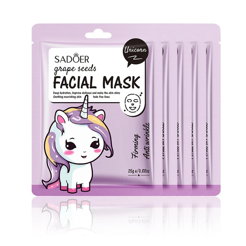 5pcs SADOER Cartoon Fresh Fruit Facial Masks Moisturizing Soothing Brightening Hydrating Face Mask for Facial Skin Care
