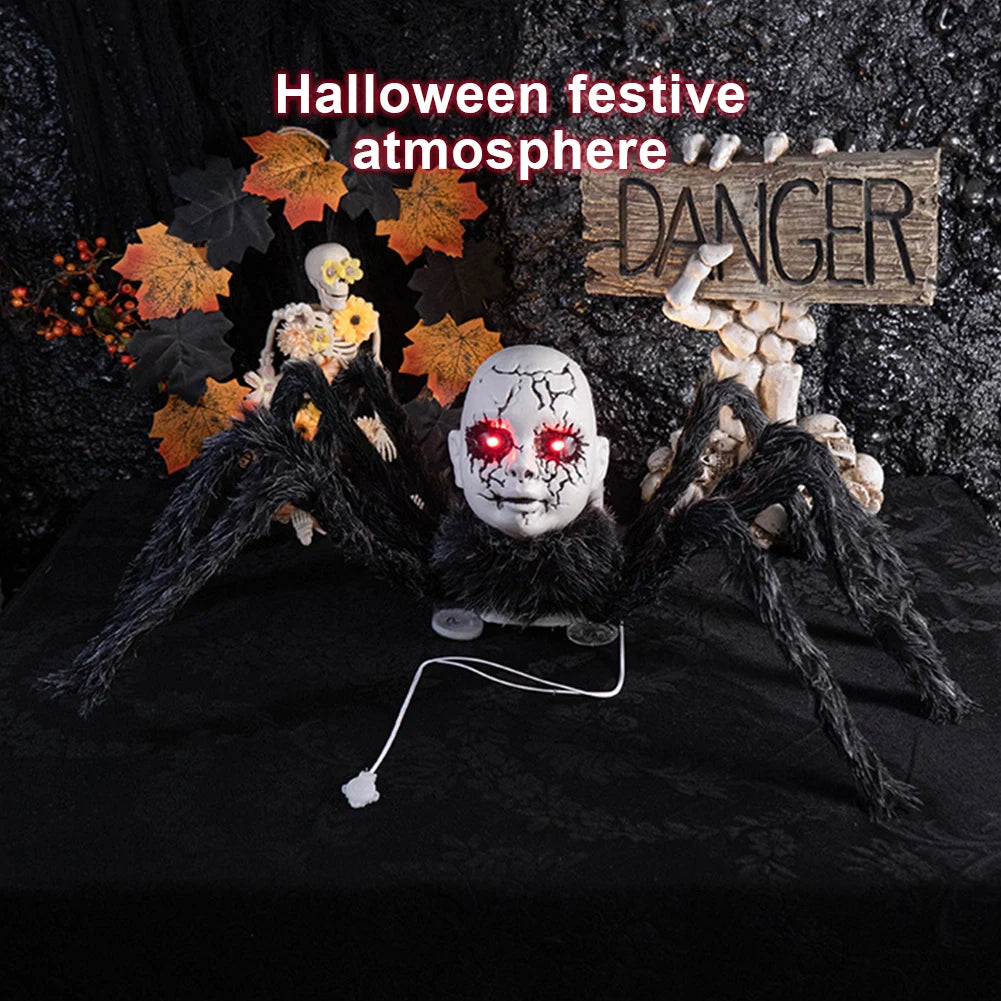 Halloween Animatronic Face Spider Sound Activated Scary Walking Spider Haunted House Prop Halloween Party Porch Decoration