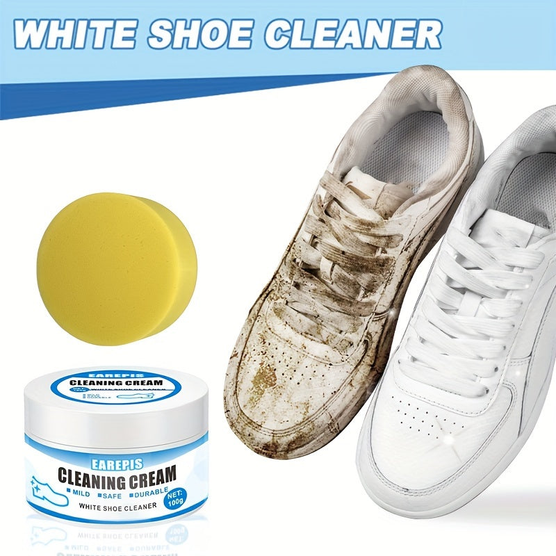 White Shoe Cleaner Cream with Sponge Applicator - Non-Wash Stain Remover, Safe for Sports & Canvas Footwear, Interior Decoration-Compatible, Instant Whitening Cleaning Paste