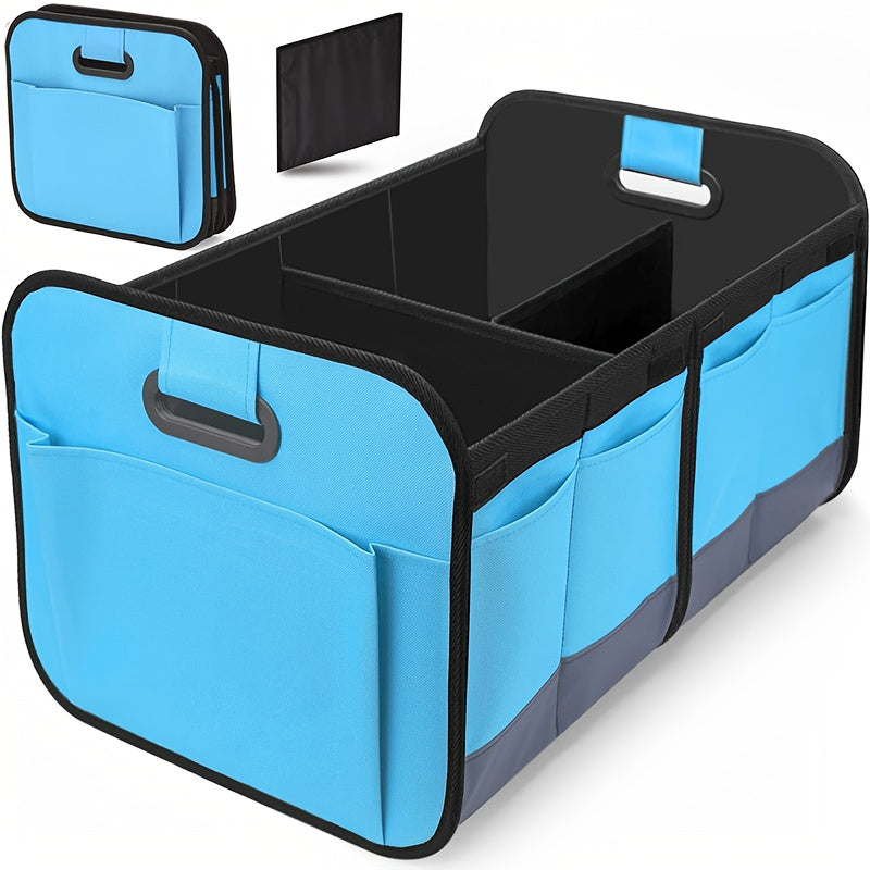 A car trunk storage box, featuring reinforced handles and multiple compartments, collapsible design, made from 600D Oxford fabric, suitable for any car, SUV, or minivan, designed for vehicle storage., Suv Storage Solution, Tr