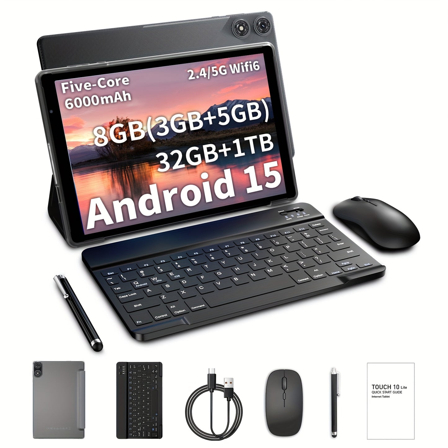 PRITOM Android 15 Tablet, 10.1-Inch, 8GB RAM (3GB + 5GB Expandable), 32GB Storage, 2-In-1 Tablet, Optional Keyboard, Mouse, Protective Case And Stylus, 6000Mah Battery, Supports 1TB Expandable Storage, Penta-Core Processor, C