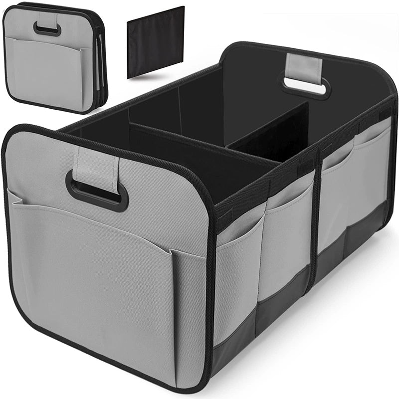 A car trunk storage box, featuring reinforced handles and multiple compartments, collapsible design, made from 600D Oxford fabric, suitable for any car, SUV, or minivan, designed for vehicle storage., Suv Storage Solution, Tr