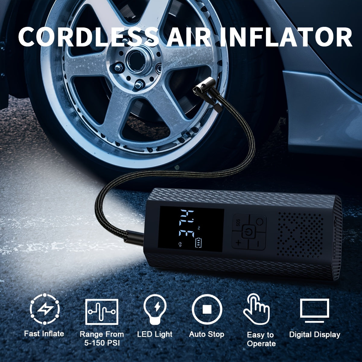 Portable Air Compressor Tire Pump, 150PSI Car Tire Air Pump with Tire Pressure Gauge, LED, 3X Faster One-Click Smart Wireless Tire Inflator for Cars, Motorcycles, Bicycles, Balls, Etc