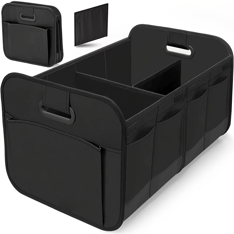A car trunk storage box, featuring reinforced handles and multiple compartments, collapsible design, made from 600D Oxford fabric, suitable for any car, SUV, or minivan, designed for vehicle storage., Suv Storage Solution, Tr