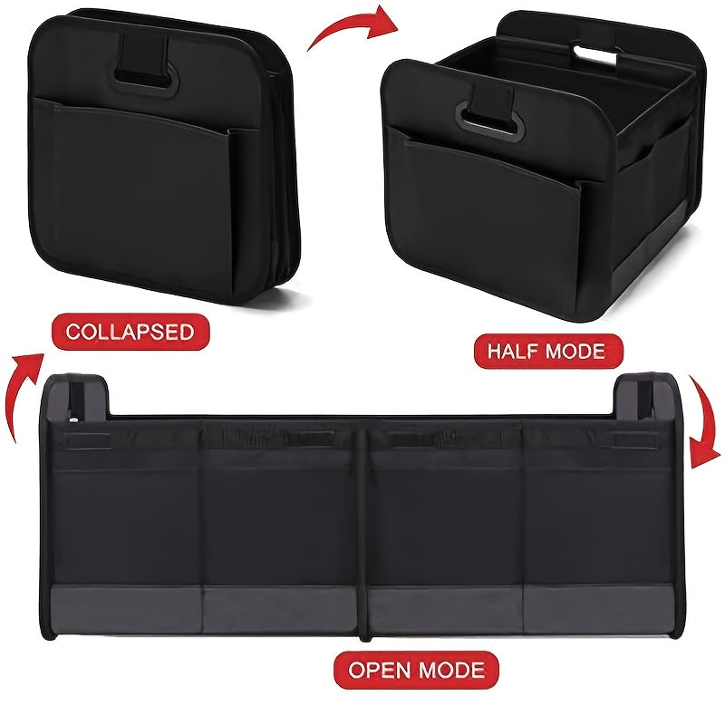 A car trunk storage box, featuring reinforced handles and multiple compartments, collapsible design, made from 600D Oxford fabric, suitable for any car, SUV, or minivan, designed for vehicle storage., Suv Storage Solution, Tr