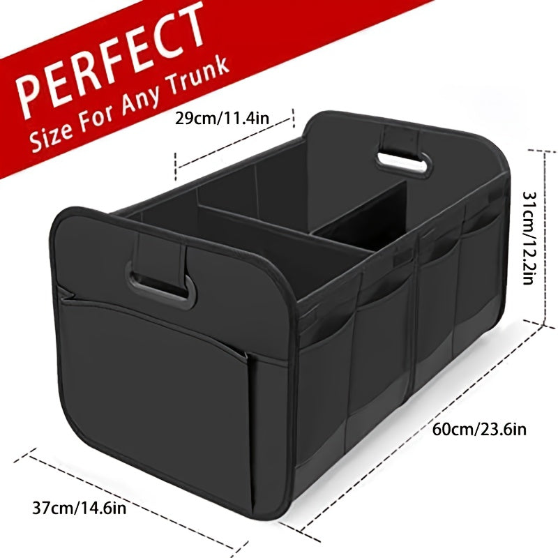 A car trunk storage box, featuring reinforced handles and multiple compartments, collapsible design, made from 600D Oxford fabric, suitable for any car, SUV, or minivan, designed for vehicle storage., Suv Storage Solution, Tr