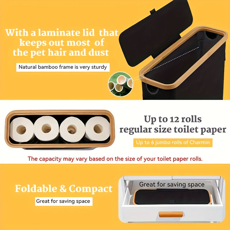 Large Capacity Foldable Toilet Paper Holder with Lid - Space-Saving Modern Bathroom Organizer, No Assembly Required, Durable Wood Frame & Gray Fabric Finish, Multi-Purpose Home Storage Solution, Toilet Paper Storage Container