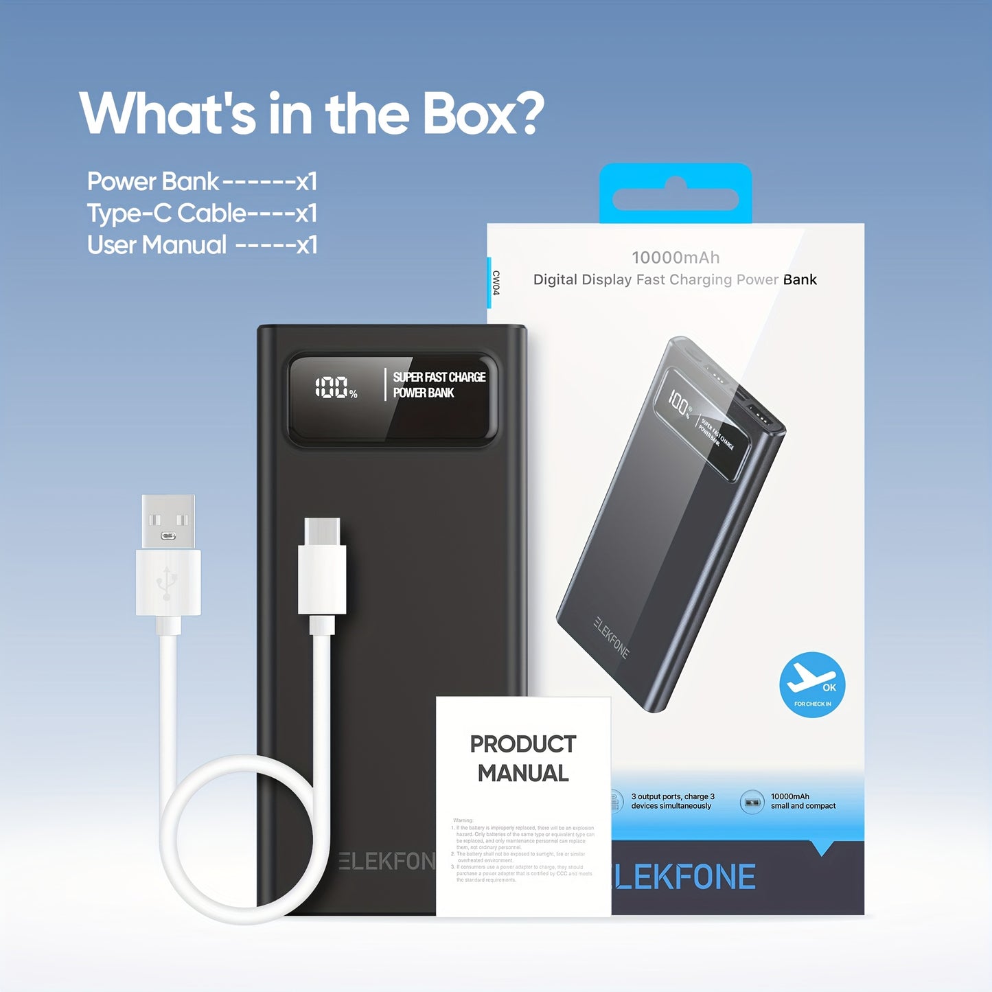 10000mAh 22.5W Fast Charging Power Bank, Ultra-Thin and Lightweight, PD 3.0 USB-C Input/Output, Compatible with Mobile Phones and Tablets