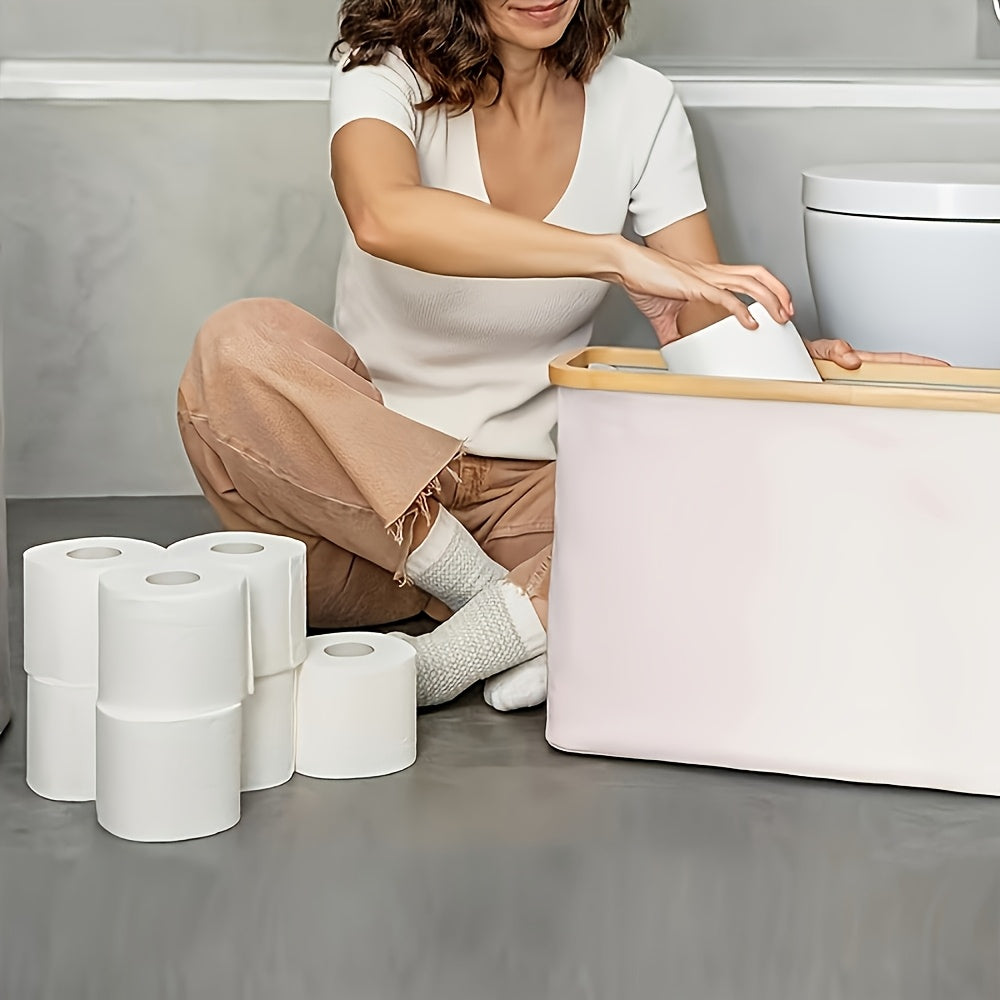 Large Capacity Foldable Toilet Paper Holder with Lid - Space-Saving Modern Bathroom Organizer, No Assembly Required, Durable Wood Frame & Gray Fabric Finish, Multi-Purpose Home Storage Solution, Toilet Paper Storage Container