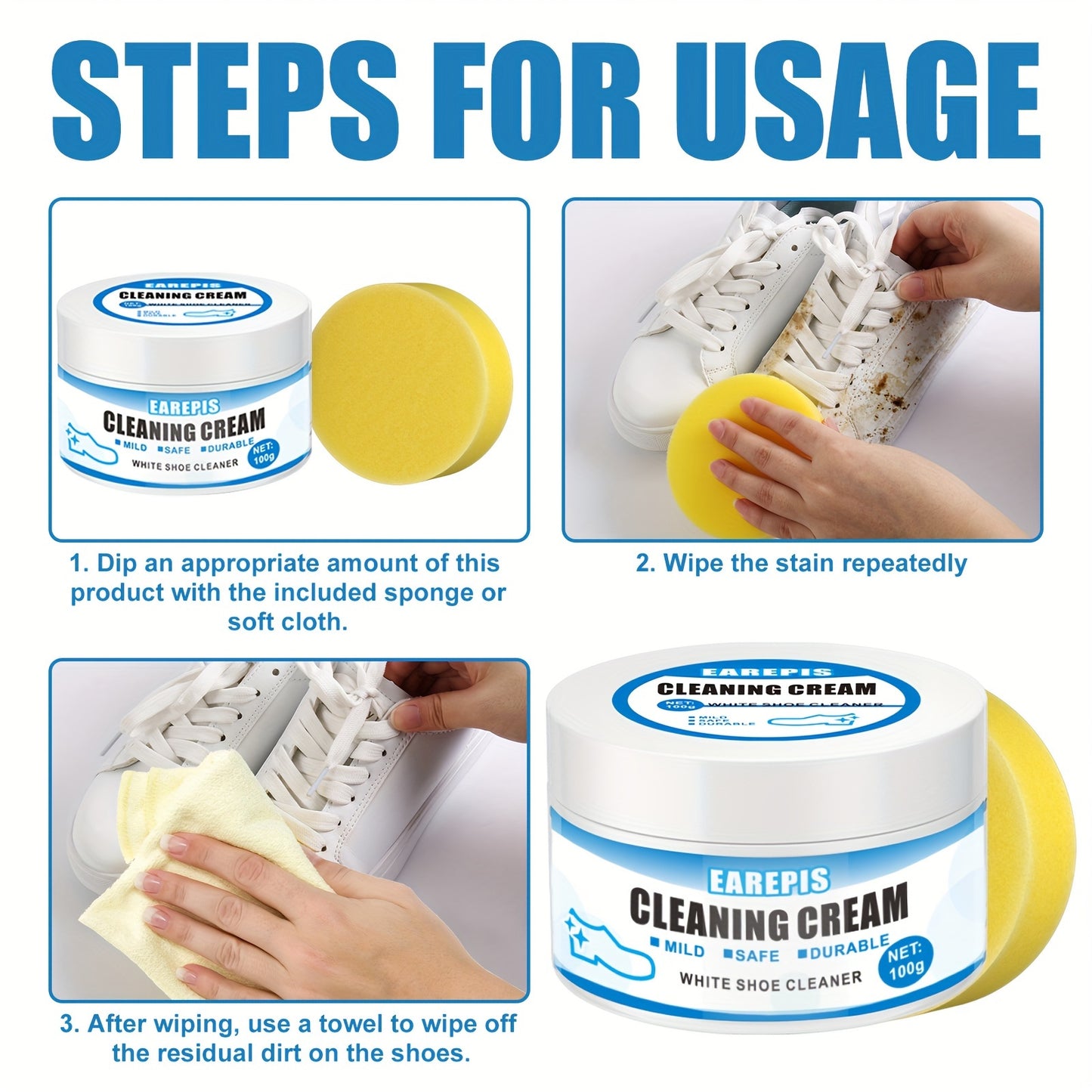 White Shoe Cleaner Cream with Sponge Applicator - Non-Wash Stain Remover, Safe for Sports & Canvas Footwear, Interior Decoration-Compatible, Instant Whitening Cleaning Paste