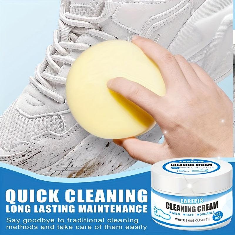 White Shoe Cleaner Cream with Sponge Applicator - Non-Wash Stain Remover, Safe for Sports & Canvas Footwear, Interior Decoration-Compatible, Instant Whitening Cleaning Paste
