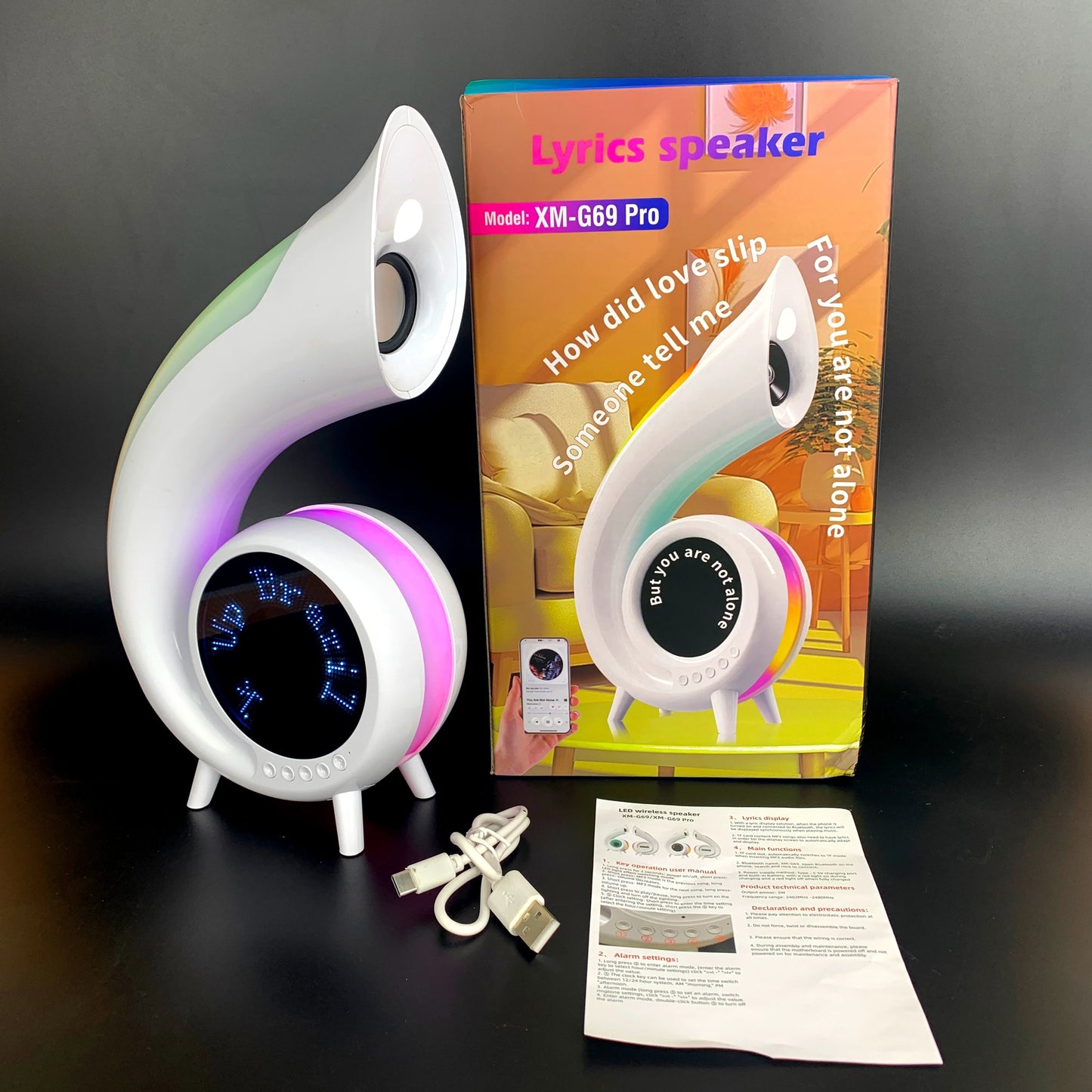 G69 RGB Wireless Bluetooth Speaker with Lyrics Display LED Night Light Alarm Clock 6-in-1 Multi-Function Adjustable Desk Lamp