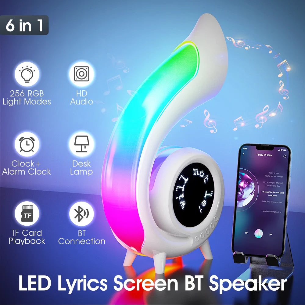 G69 RGB Wireless Bluetooth Speaker with Lyrics Display LED Night Light Alarm Clock 6-in-1 Multi-Function Adjustable Desk Lamp
