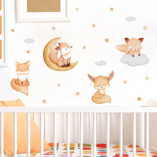Boho Cartoon Cute Fox Friend Animal Clouds Wall Decal Watercolor Vinyl Nursery Print Kids Boys Girls Room Interior Home Decor