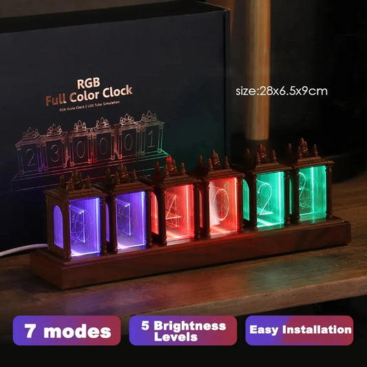 LED Digital Clock Nixie Tube Clock RGB Glow Tube Clock Walnut Wood Night Light Digital Alarm Atomosphere Lamp Clock Timer Gift