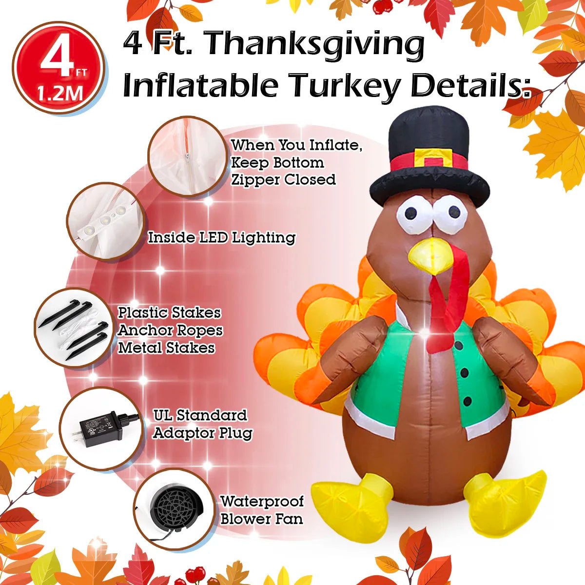 Thanksgiving Inflatable Turkey Decoration with LED Lights Suitable for Fall Harvest Party, Indoor and Outdoor Shopping Mall Yard