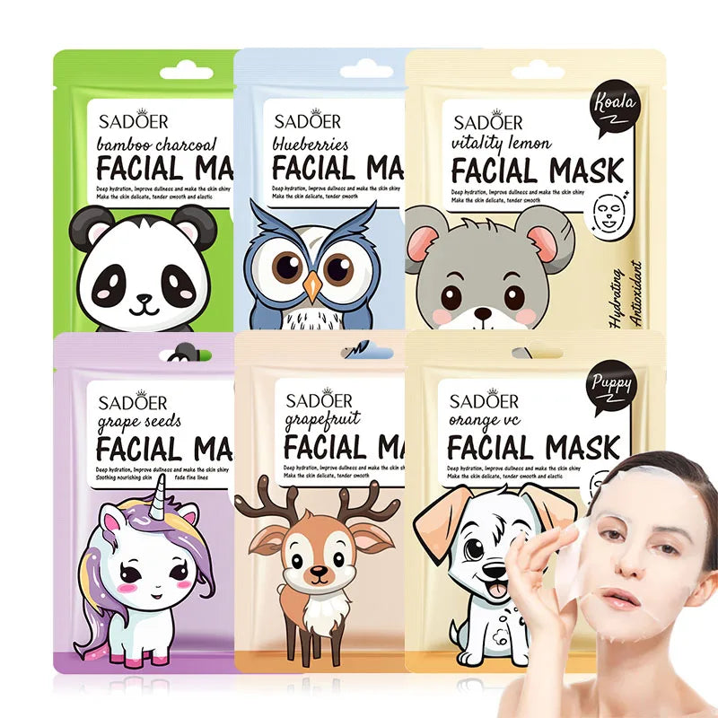 5pcs SADOER Cartoon Fresh Fruit Facial Masks Moisturizing Soothing Brightening Hydrating Face Mask for Facial Skin Care