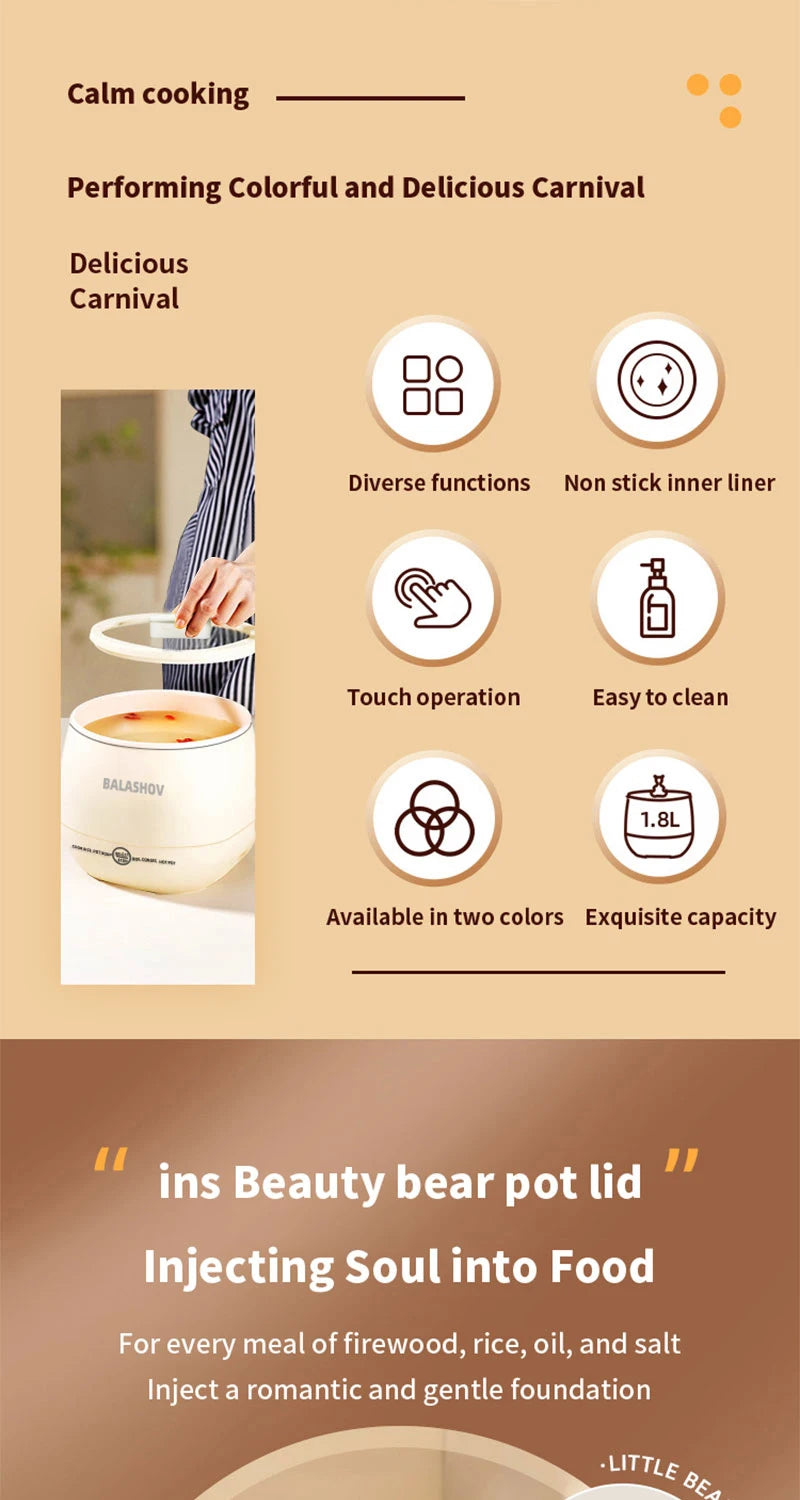 1.8L Portable Smart Rice Cooker - Multifunctional Non-Stick Rice Cooking Pot for Cooking Rice,  Soup, for Dorms & Small Kitchens