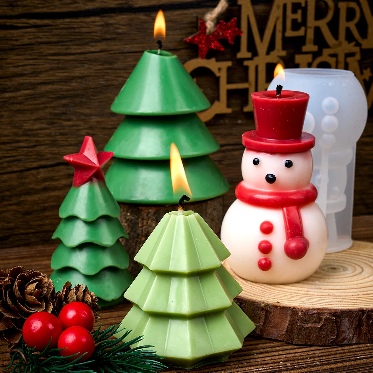 3D Xmas Ornament Candle Mold for DIY Scented Candles Resin Plaster Silicone Molds Christmas Tree Snowman Craft Making Home Decor