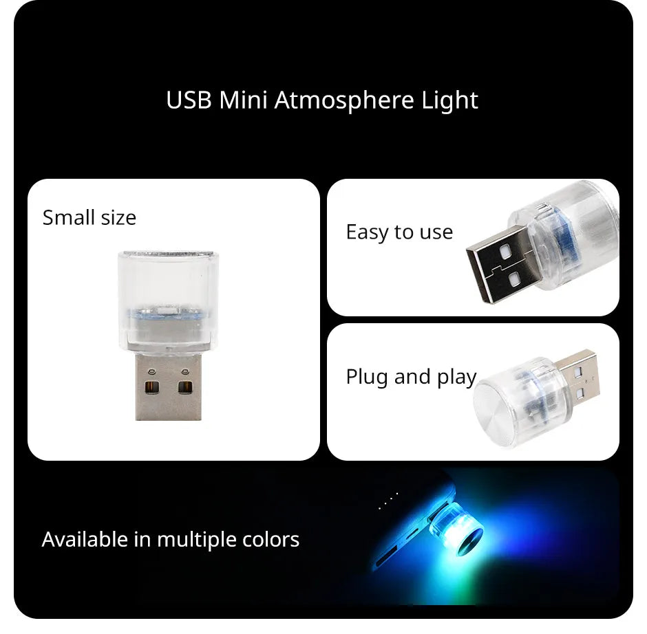 Car Mini USB LED Ambient Light Decorative Atmosphere Lamps for Interior Environment Auto PC Computer Portable Light Plug Play