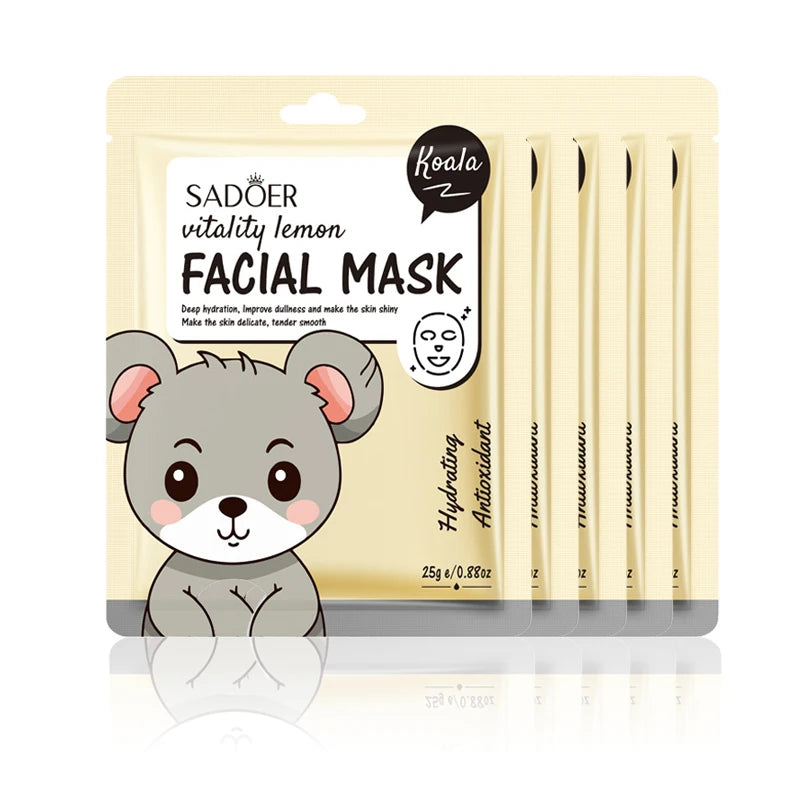 5pcs SADOER Cartoon Fresh Fruit Facial Masks Moisturizing Soothing Brightening Hydrating Face Mask for Facial Skin Care