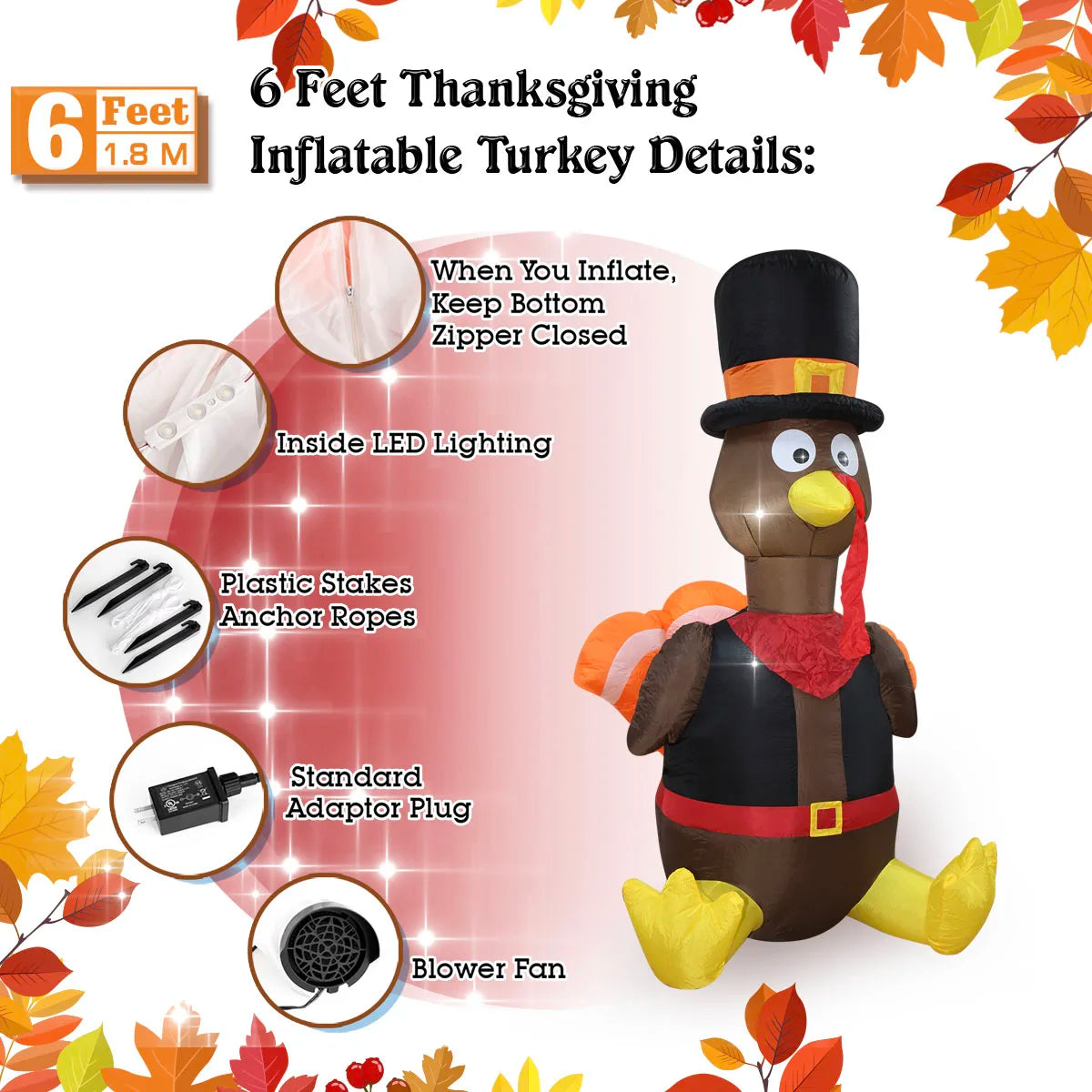 Thanksgiving Inflatable Turkey Decoration with LED Lights Suitable for Fall Harvest Party, Indoor and Outdoor Shopping Mall Yard