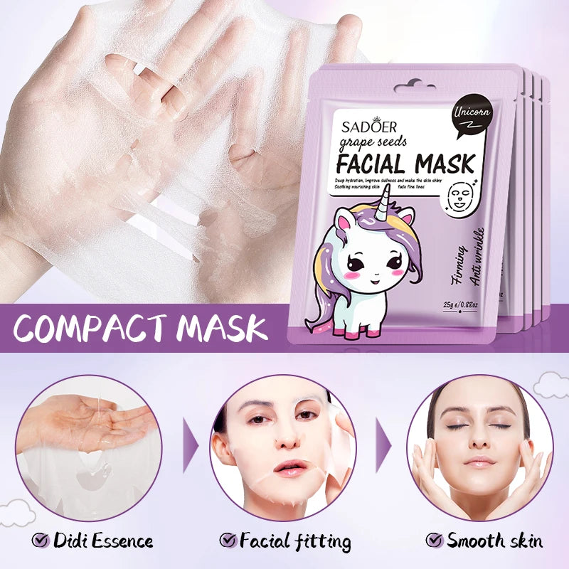 5pcs SADOER Cartoon Fresh Fruit Facial Masks Moisturizing Soothing Brightening Hydrating Face Mask for Facial Skin Care