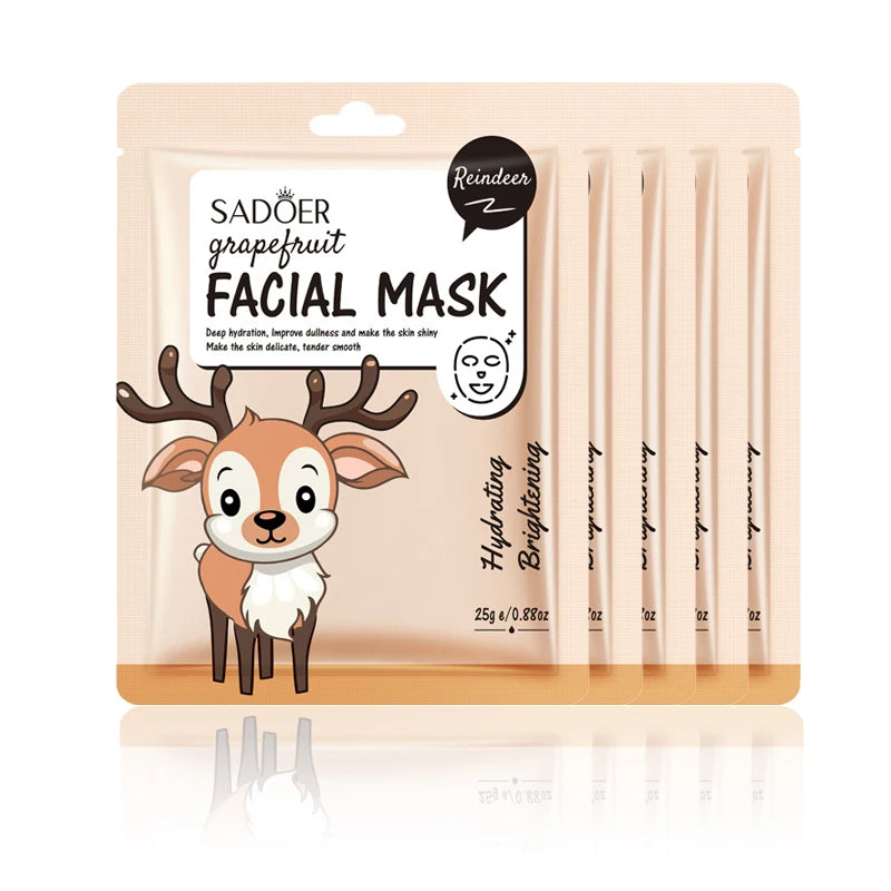 5pcs SADOER Cartoon Fresh Fruit Facial Masks Moisturizing Soothing Brightening Hydrating Face Mask for Facial Skin Care