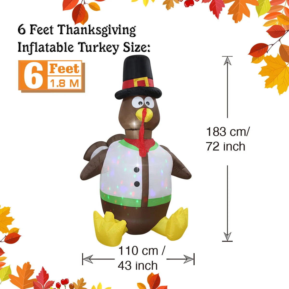 Thanksgiving Inflatable Turkey Decoration with LED Lights Suitable for Fall Harvest Party, Indoor and Outdoor Shopping Mall Yard