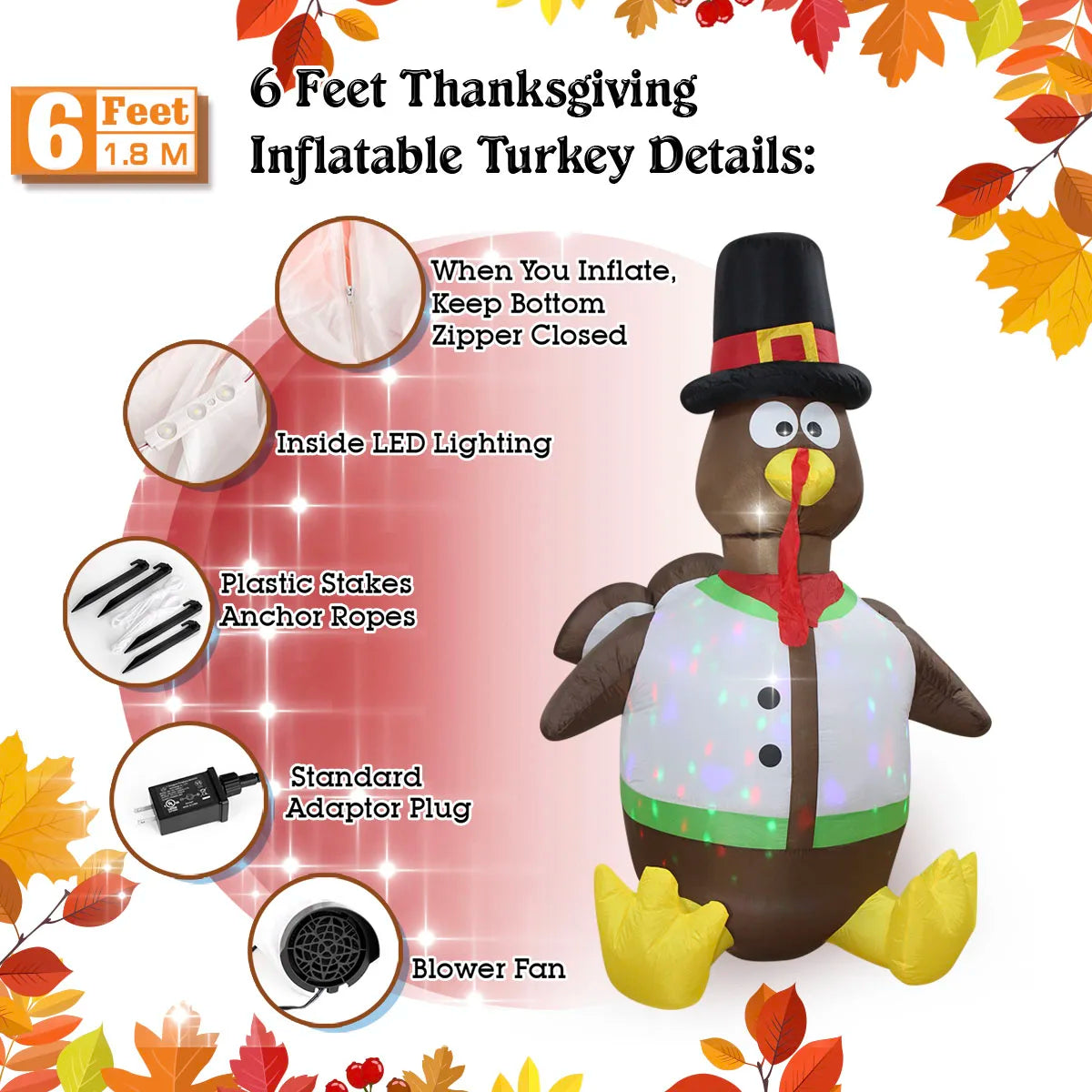 Thanksgiving Inflatable Turkey Decoration with LED Lights Suitable for Fall Harvest Party, Indoor and Outdoor Shopping Mall Yard