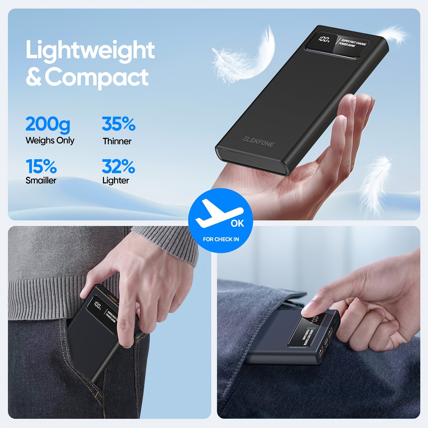 10000mAh 22.5W Fast Charging Power Bank, Ultra-Thin and Lightweight, PD 3.0 USB-C Input/Output, Compatible with Mobile Phones and Tablets