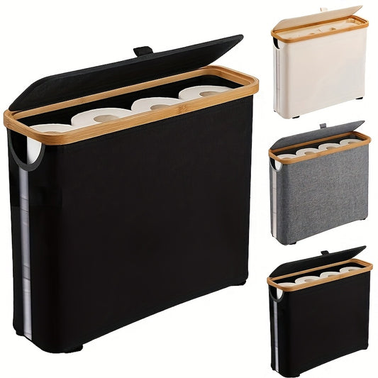 Large Capacity Foldable Toilet Paper Holder with Lid - Space-Saving Modern Bathroom Organizer, No Assembly Required, Durable Wood Frame & Gray Fabric Finish, Multi-Purpose Home Storage Solution, Toilet Paper Storage Container