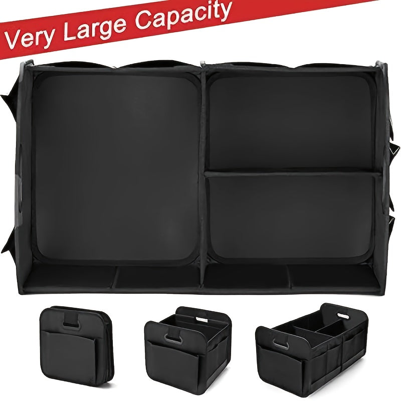 A car trunk storage box, featuring reinforced handles and multiple compartments, collapsible design, made from 600D Oxford fabric, suitable for any car, SUV, or minivan, designed for vehicle storage., Suv Storage Solution, Tr