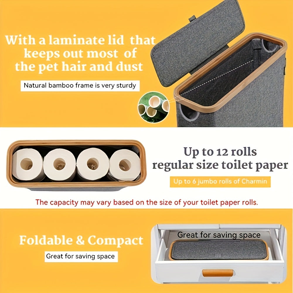 Large Capacity Foldable Toilet Paper Holder with Lid - Space-Saving Modern Bathroom Organizer, No Assembly Required, Durable Wood Frame & Gray Fabric Finish, Multi-Purpose Home Storage Solution, Toilet Paper Storage Container