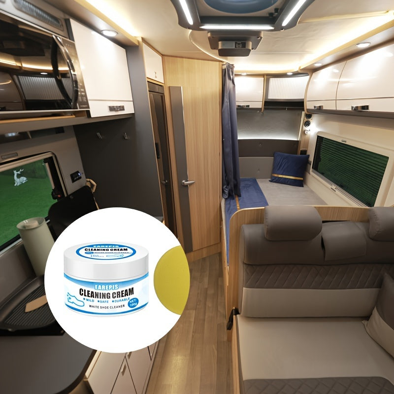 White Shoe Cleaner Cream with Sponge Applicator - Non-Wash Stain Remover, Safe for Sports & Canvas Footwear, Interior Decoration-Compatible, Instant Whitening Cleaning Paste