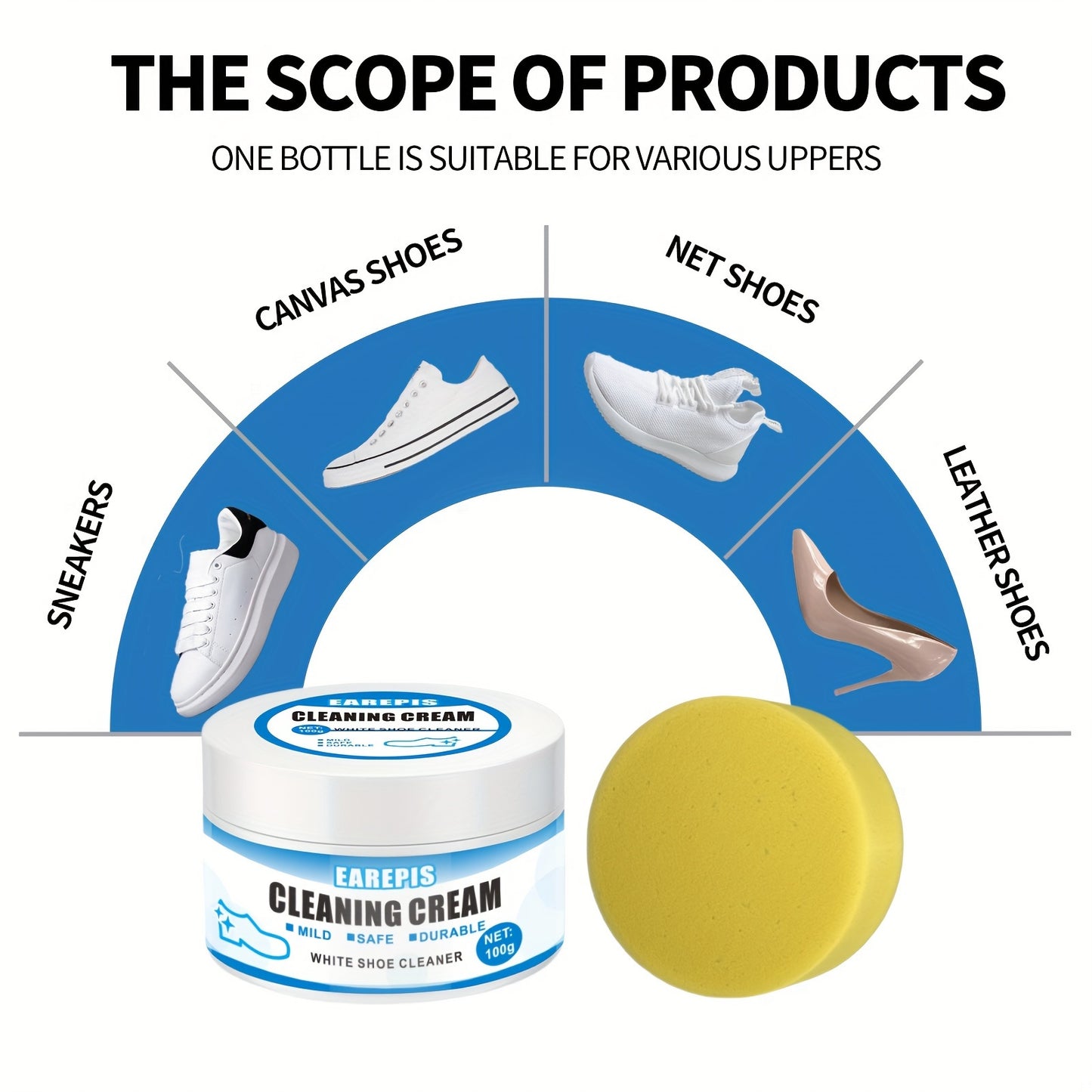 White Shoe Cleaner Cream with Sponge Applicator - Non-Wash Stain Remover, Safe for Sports & Canvas Footwear, Interior Decoration-Compatible, Instant Whitening Cleaning Paste