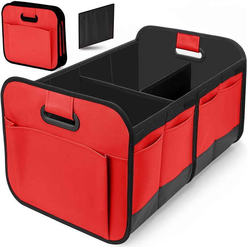 A car trunk storage box, featuring reinforced handles and multiple compartments, collapsible design, made from 600D Oxford fabric, suitable for any car, SUV, or minivan, designed for vehicle storage., Suv Storage Solution, Tr